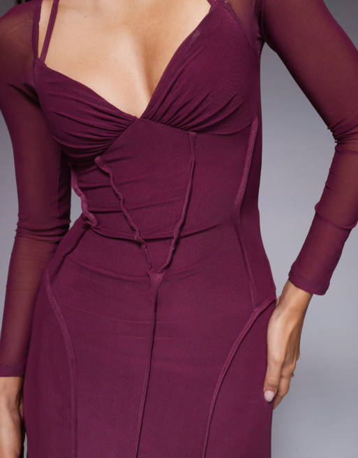 ASOS DESIGN - Maxi jurk van mesh met lange mouwen en siernaden in dieppaars, 2 van 4
