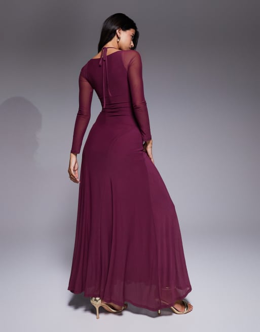 ASOS DESIGN - Maxi jurk van mesh met lange mouwen en siernaden in dieppaars, 3 van 4