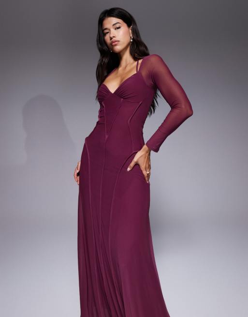 ASOS DESIGN - Maxi jurk van mesh met lange mouwen en siernaden in dieppaars, 4 van 4