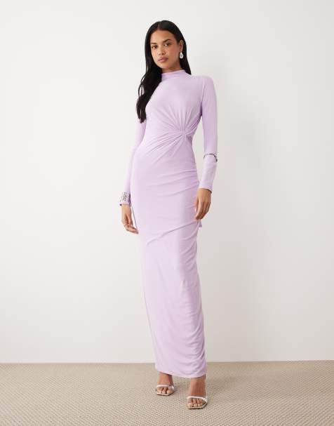 ASOS DESIGN - Maxi jurk van mesh met lange mouwen, gedraaid detail bij de buste en halternek in lila - view 1