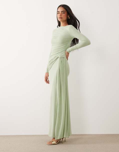 ASOS DESIGN - Maxi jurk van mesh met lange mouwen in saliegroen - view 1