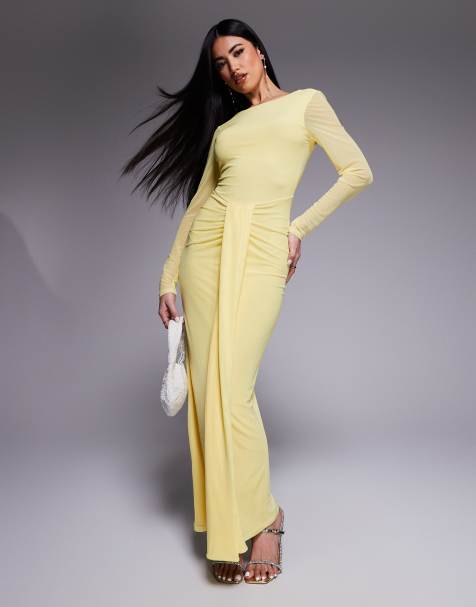 ASOS DESIGN - Maxi jurk van mesh met lange mouwen, rechte hals en open achterkant in pastelgeel - view 1