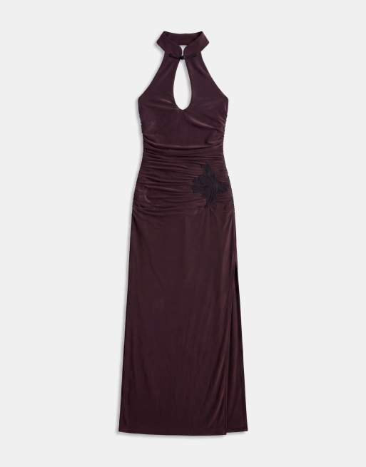 ASOS DESIGN maxi jurk van mesh met mandarijnkraag en bloemapplicatie in chocoladebruin, 5 van 7