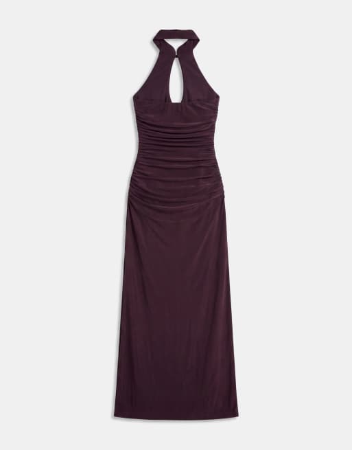 ASOS DESIGN maxi jurk van mesh met mandarijnkraag en bloemapplicatie in chocoladebruin, 6 van 7