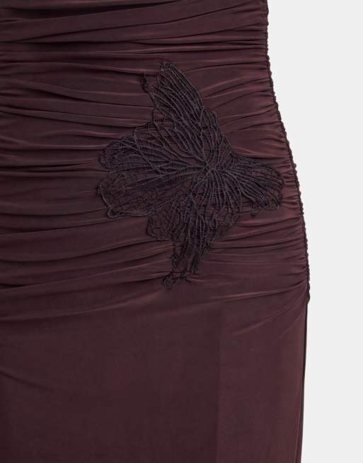 ASOS DESIGN maxi jurk van mesh met mandarijnkraag en bloemapplicatie in chocoladebruin, 7 van 7