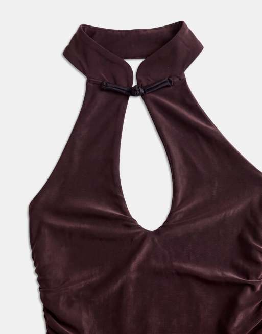 ASOS DESIGN maxi jurk van mesh met mandarijnkraag en bloemapplicatie in chocoladebruin, 8 van 8