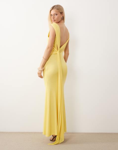 ASOS DESIGN - Maxi jurk van mesh met open achterkant en sjerp in citroengeel - view 1