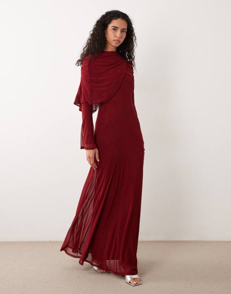 ASOS DESIGN maxi-jurk van mesh met overlay en gedrapeerd halslijn-detail in bordeauxrood - view 1