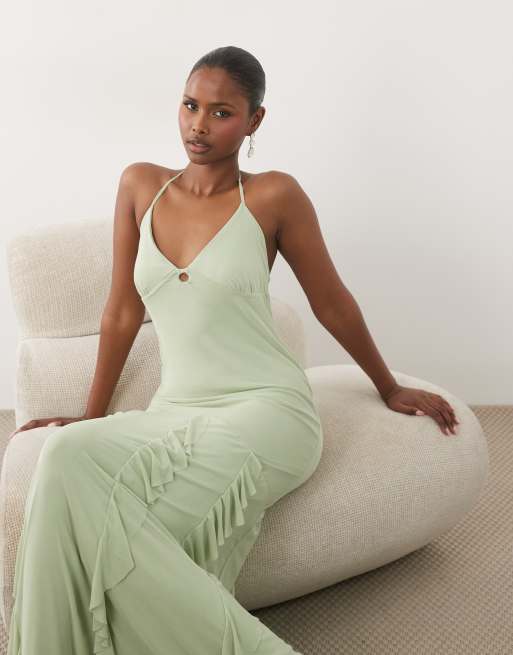 ASOS DESIGN - Maxi jurk van mesh met ruches en halternek in saliegroen, 2 van 4