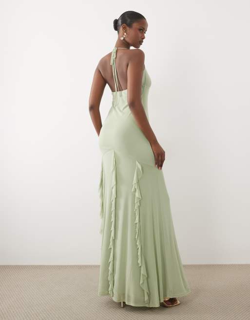 ASOS DESIGN - Maxi jurk van mesh met ruches en halternek in saliegroen, 3 van 4