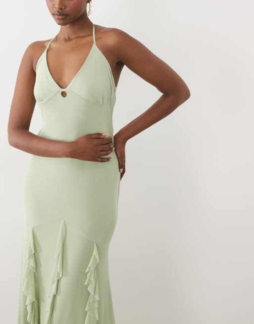 ASOS DESIGN - Maxi jurk van mesh met ruches en halternek in saliegroen, 4 van 4