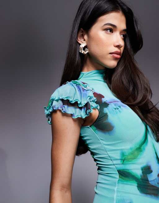 ASOS DESIGN - Maxi jurk van mesh met ruches en hoge split in blauwe bloemenprint, 2 van 4