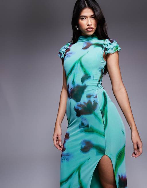 ASOS DESIGN - Maxi jurk van mesh met ruches en hoge split in blauwe bloemenprint, 3 van 4