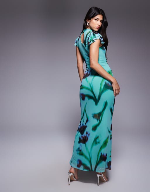 ASOS DESIGN - Maxi jurk van mesh met ruches en hoge split in blauwe bloemenprint, 4 van 4