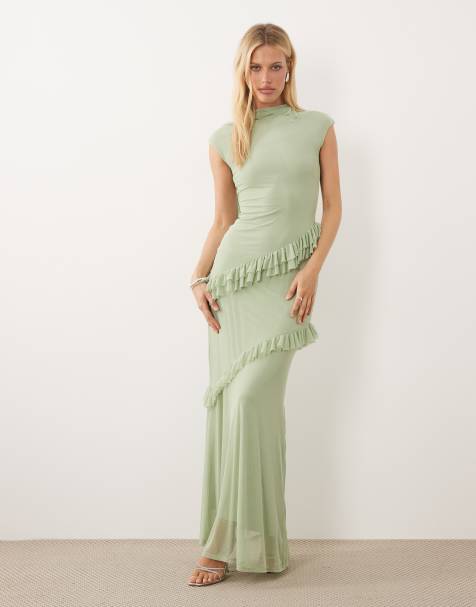 ASOS DESIGN - Maxi jurk van mesh met ruches, sjaal en kapmouwtjes in saliegroen - view 1