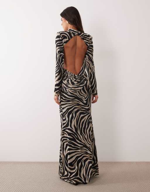 ASOS DESIGN maxi jurk van mesh met zebraprint, open gedrapeerde rug en schoudervullingen in zebra, 4 van 4