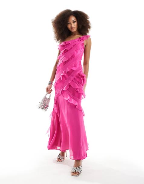 ASOS DESIGN - Maxi jurk van mix van satijn en chiffon met blote schouder en ruches in fuchsiaroze - view 1