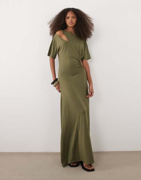 ASOS DESIGN - Maxi jurk van modal met korte mouwen en uitsnijdingen in kaki - view 1