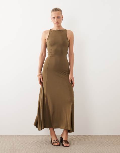 ASOS DESIGN - Maxi jurk van modal met uitsnijding aan de achterkant in kaki - view 1