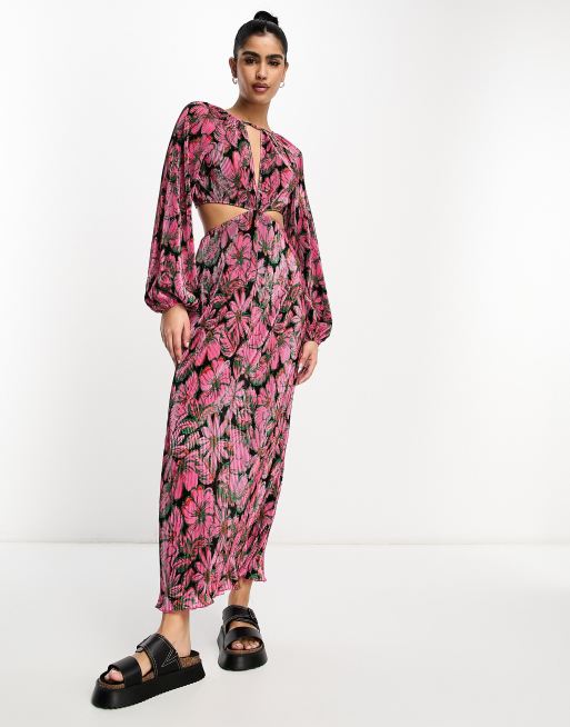 ASOS DESIGN - Maxi-jurk van plissé met volumineuze mouwen en uitsnijdingen in zwart met roze bloemenprint 