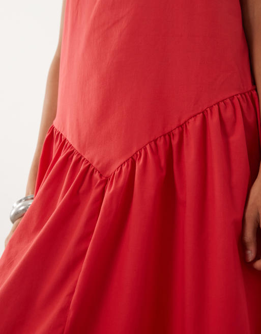 ASOS DESIGN - Maxi jurk van popeline met rechte hals en verlaagde taille in rood, 2 van 4