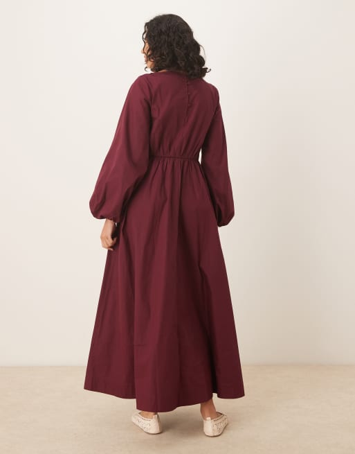 ASOS DESIGN - Maxi jurk van popeline met volumineuze mouwen in bessenrood, 3 van 4