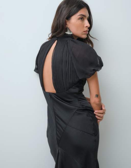 ASOS DESIGN maxi jurk van satijn-chiffonmix met pofmouw in zwart, 3 van 5
