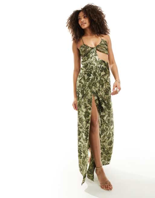 ASOS DESIGN - Maxi jurk van satijn en chiffon met uitsnijding en gestrikte achterkant in schaduw bloemenprint 