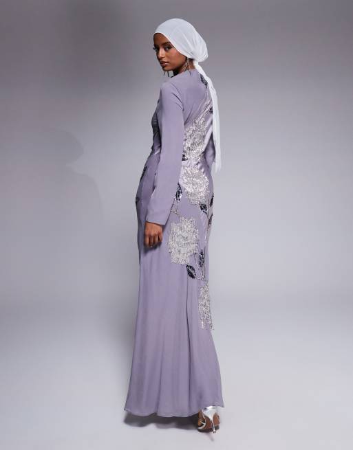 ASOS DESIGN - Maxi-jurk van satijn en chiffon met versiering en gedrapeerde halslijn in paars , 3 van 4