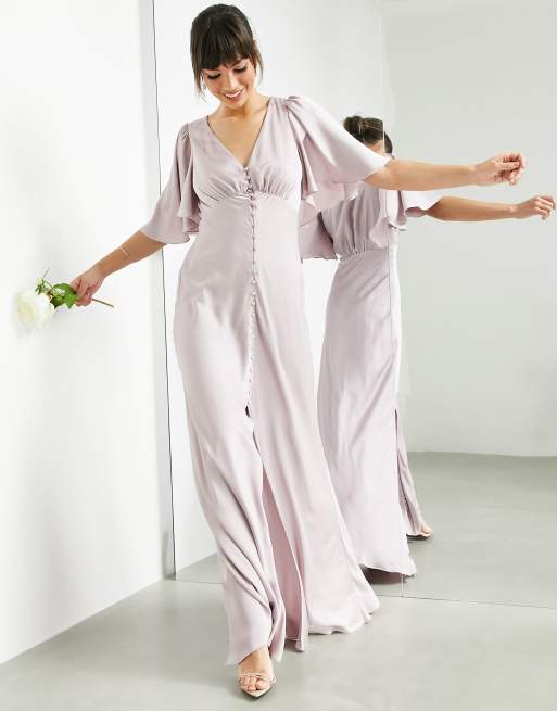 ASOS DESIGN - Maxi jurk van satijn met fladdermouwen en knopen aan de voorkant in licht lavendelpaars