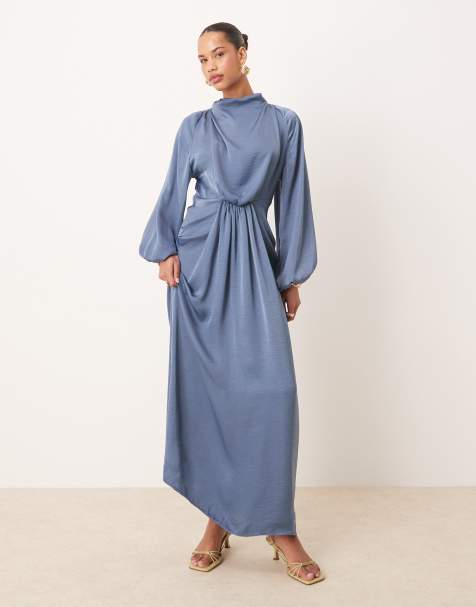 ASOS DESIGN - Maxi jurk van satijn met gedrapeerde blousonmouwen in rookblauw - view 1