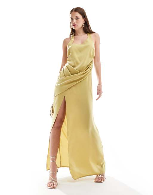 ASOS DESIGN - Maxi-jurk van satijn met halternek en rok met overslag in lichtolijfgroen