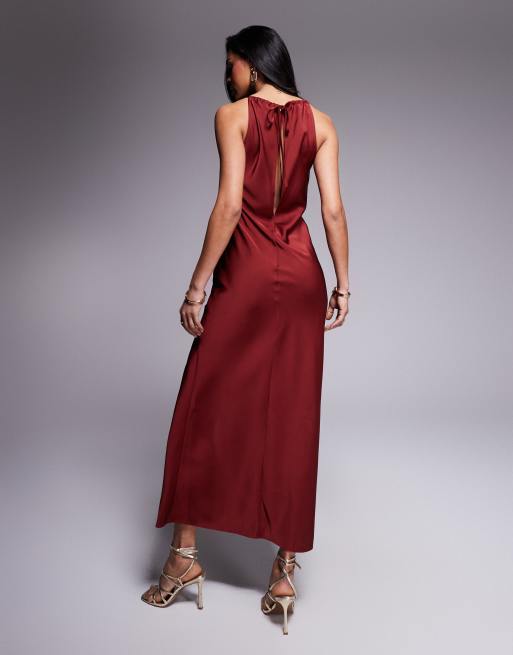ASOS DESIGN - Maxi jurk van satijn met halternek en split in roestbruin, 4 van 4
