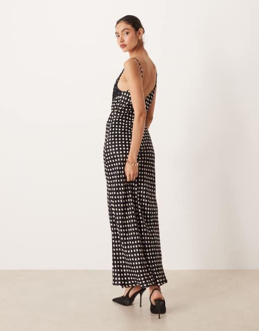 ASOS DESIGN Maxi-jurk van satijn met kanten lijfje, stippen en