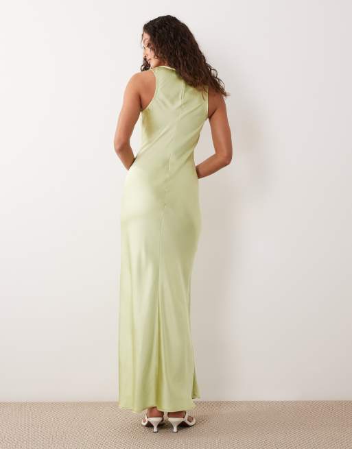 ASOS DESIGN - Maxi jurk van satijn met lage ronde hals in limoengroen, 3 van 4