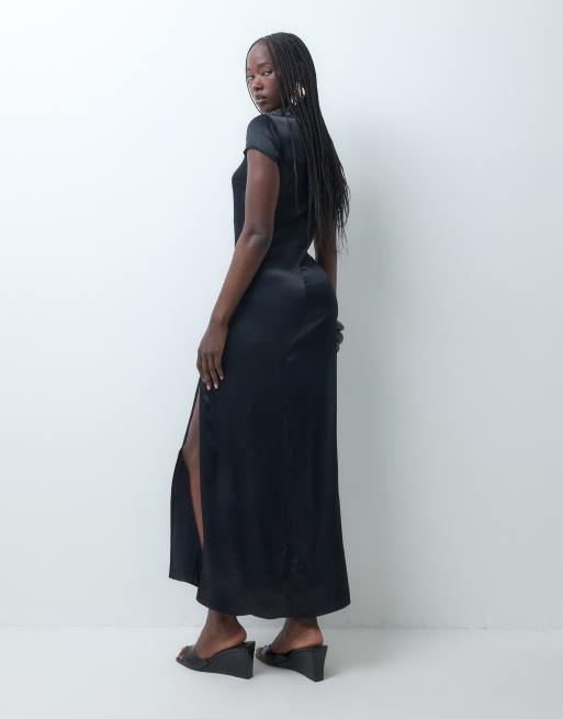 ASOS DESIGN maxi jurk van satijn met mandarijnkraag in zwart, 3 van 4
