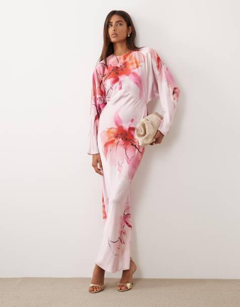 ASOS DESIGN - Maxi jurk van satijn met vleermuismouwen en bloemenprint in roze - view 1
