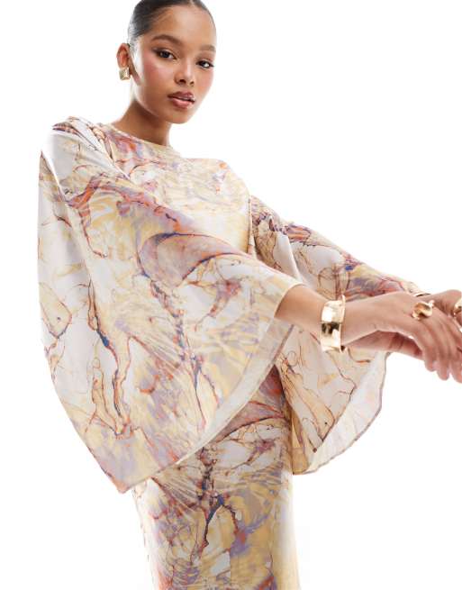 ASOS DESIGN - Maxi-jurk van satijn met vleermuismouwen en waterverf print, 2 van 4