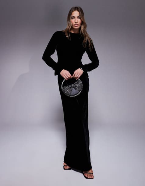 ASOS DESIGN - Maxi-jurk van schuingesneden fluweel met lange mouwen in zwart - view 1