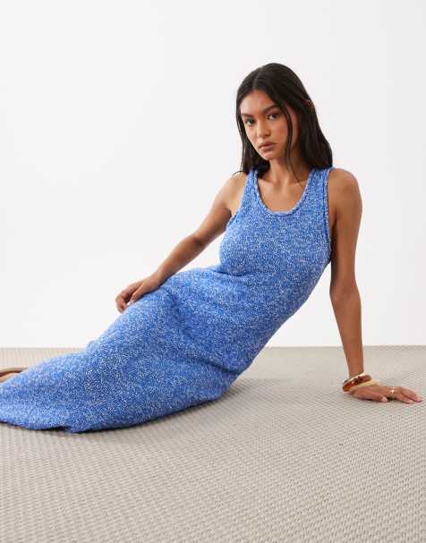 ASOS DESIGN - Maxi jurk van slubstof met racerhals in blauw - view 1
