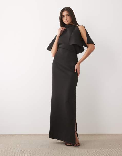 ASOS DESIGN - Maxi jurk van stof in scuba-stijl met capemouwen en schouderafwerking in zwart - view 1