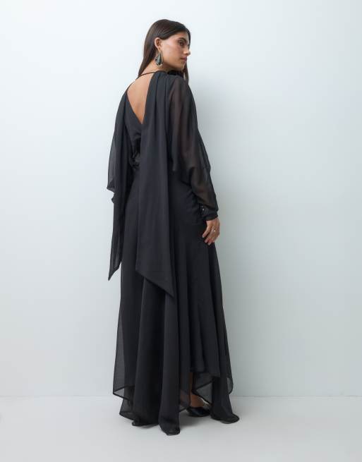 ASOS DESIGN maxi-kjole med flagermusærmer, asymmetrisk vid nederdel og tørklæde i sort, 5 af 5