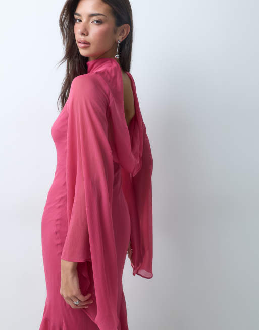 ASOS DESIGN Maxi-Kleid mit Trompetenärmeln und asymmetrischem Volantsaum in Rosa, 3 von 5