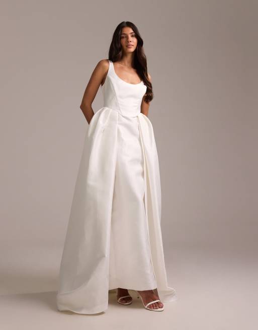 ASOS DESIGN - Maxi kokerjurk met structuur, lage ronde hals en volle overrok in wit, 3 van 5