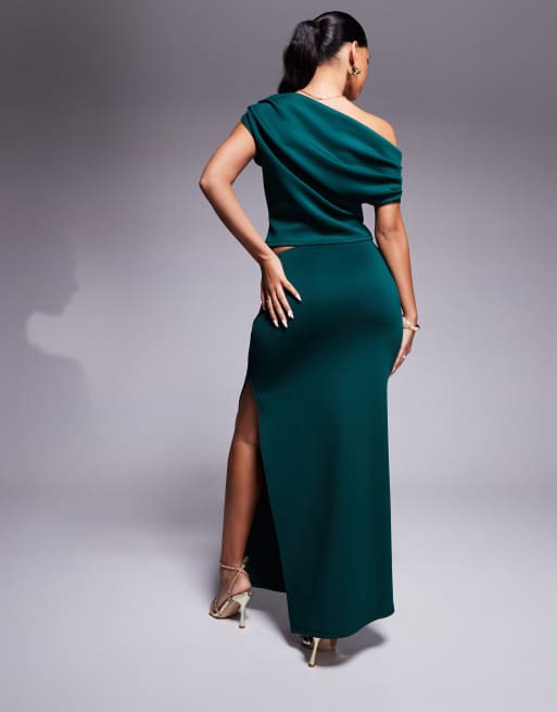 ASOS DESIGN - Maxi kokerrok van scubastof met geplooid detail en zijsplit in flessengroen, deel van co-ord set
