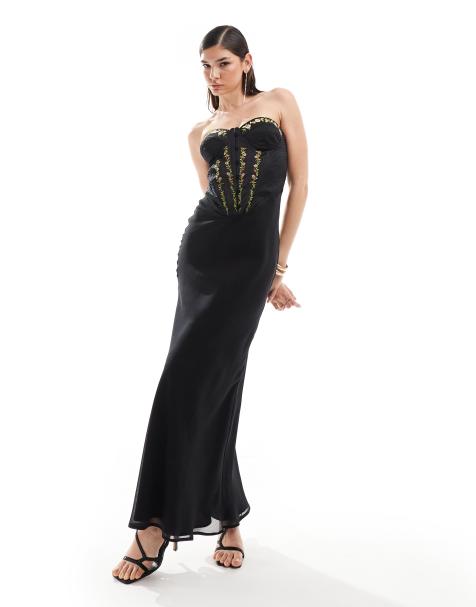 ASOS DESIGN - Maxi-korsetjurk met bloemenborduursels in zwart - view 1