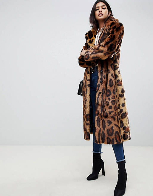 Asos Design Maxi Leopard Print Longline, Animal Faux Fur Long Coat