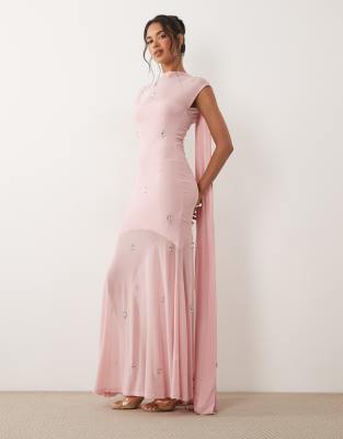 Asos Design Maxi Long Sleeve Dress With All Over Scattered Embellishment In Pink