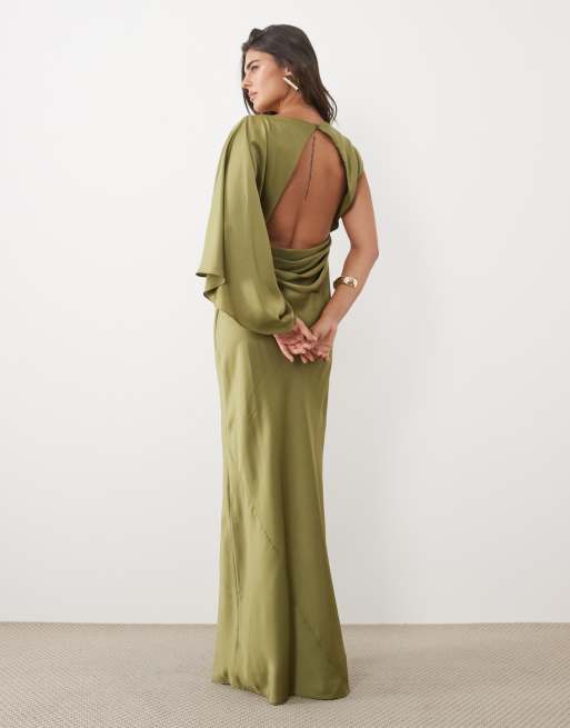 ASOS DESIGN maxi met blote schouder en open achterkant in olijfgroen, 4 van 4