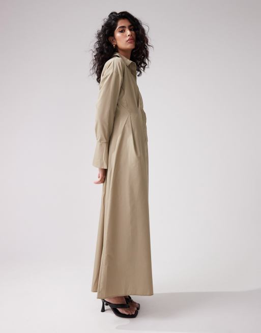 ASOS DESIGN - Maxi overhemdjurk met plooitjes in de taille in kaki, 2 van 4